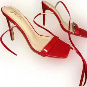Chic Red Patent Leather High Heeled Sandals with Ankle Straps